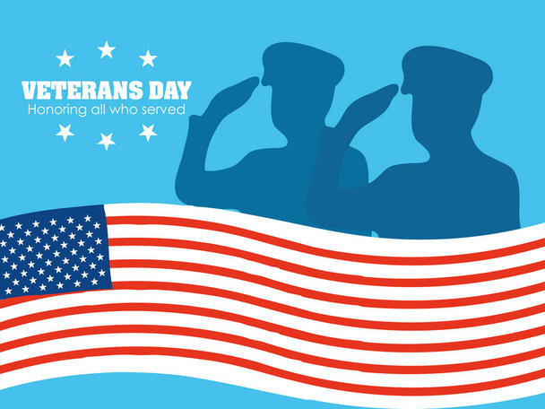 happy veterans day, military saluting american flag memorial - Vektor, obrázek