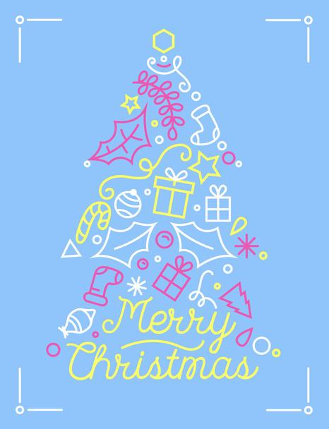 Feliz Natal cartão de saudação com árvore de abeto decorado linear e tipografia. Happy Holidays Design festivo com abeto - Vetor, Imagem