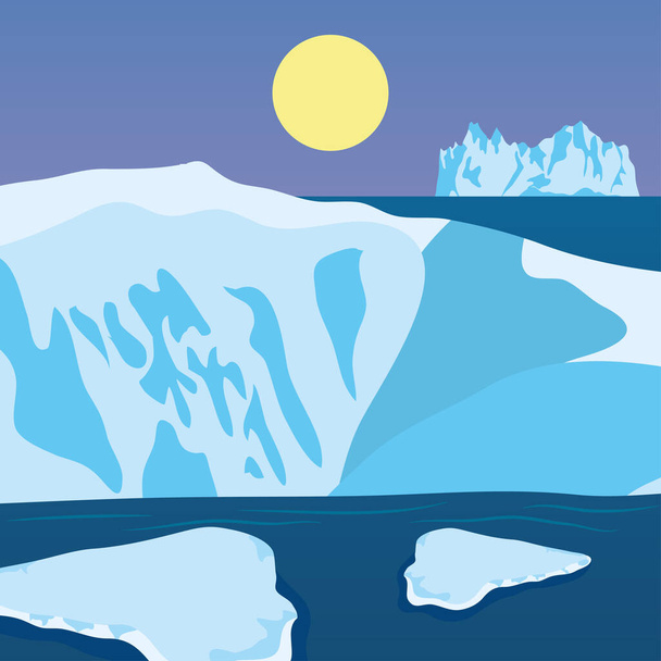 Vektor illusztrációja rajzfilm természet tél sarkvidéki éjszakai táj jéghegyek - Vektor, kép