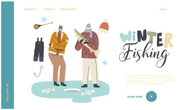 Eisfischen Winterzeit Aktivitäten Landing Page Template. Fischerfiguren in warmer Kleidung und Mützen angeln auf Eis - Vektor, Bild