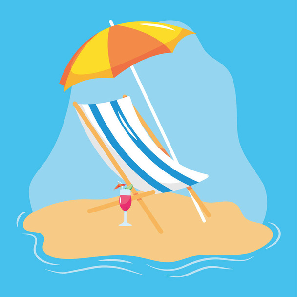 καλοκαιρινές διακοπές, ξαπλώστρα με ομπρέλα και κοκτέιλ στην άμμο της παραλίας - Διάνυσμα, εικόνα