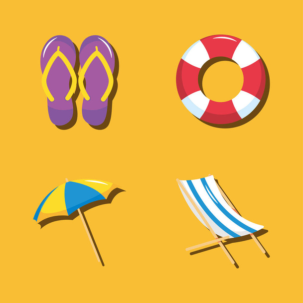 summer vacation travel, flip flops, chair, umbrella and lifebuoy icons - Vektor, kép