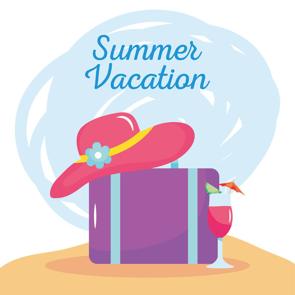 letnie podróże, damska walizka z kapeluszem i koktajl - Wektor, obraz