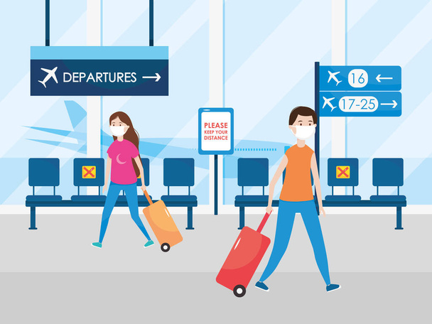 luchthaven nieuw normaal, passagiers met maskers en koffer houden fysieke afstand - Vector, afbeelding