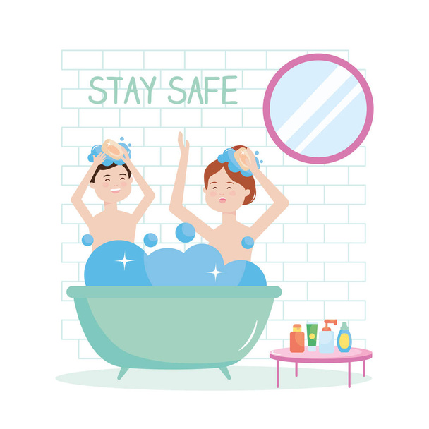 mantenerse a salvo, feliz pareja de baño, durante covid 19 cuarentena - Vector, Imagen