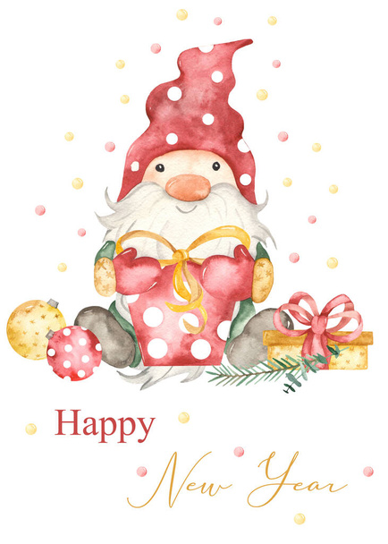 Cute christmas gnome, gifts, christmas decorations, happy new year watercolor card - Foto, Bild