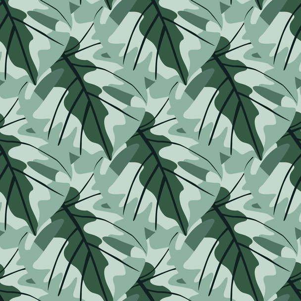 Decorative simple tropical ornament with pastel blue monstera silhouettes. Blue and green soft vintage shapes print. Perfect for fabric design, textile print, wrapping, cover. Vector illustration. - Vector, Imagen