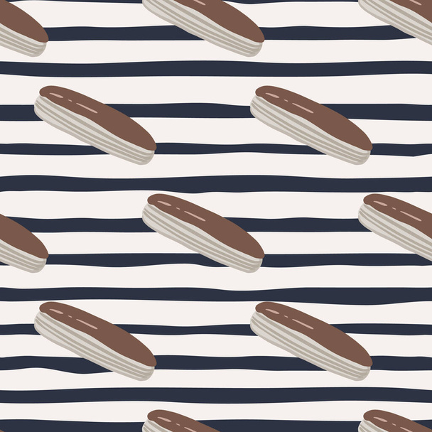 Grey eclair with chocolate glaze seamless stylized pattern. Monochrome background with black and white strips. Great for fabric design, textile print, wrapping, cover. Vector illustration. - Vector, Image