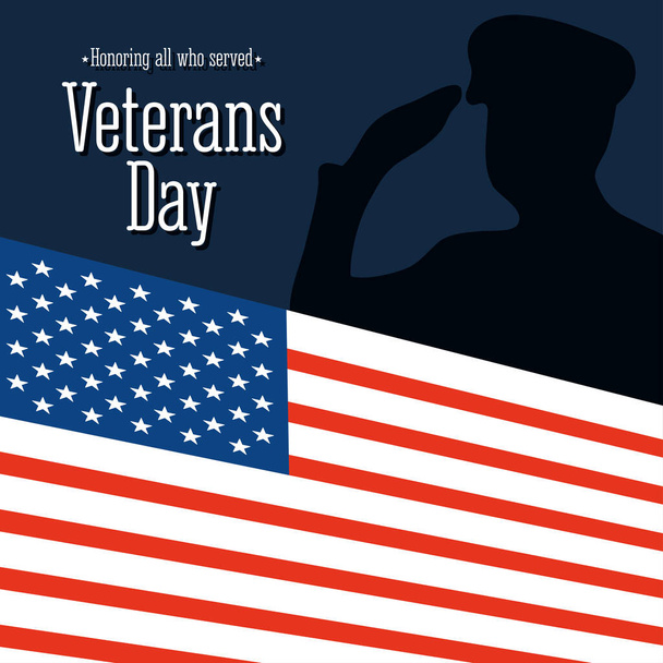 feliz día de los veteranos, bandera americana con saludo salodier fondo - Vector, Imagen