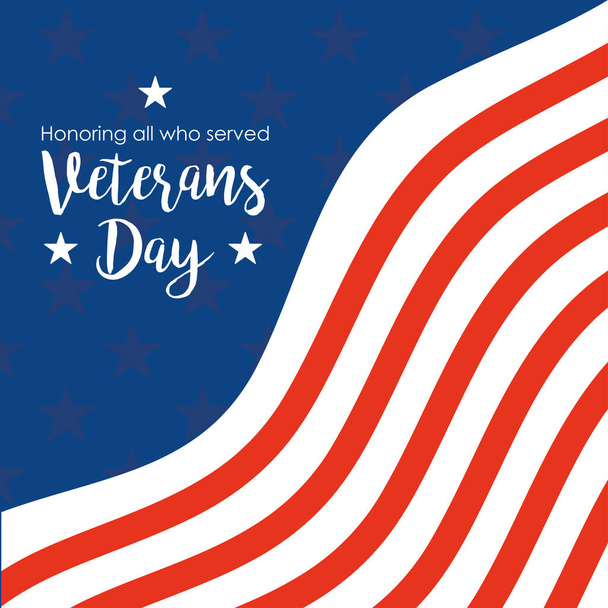 dia de veteranos felizes, texto manuscrito e cartão memorial bandeira dos EUA - Vetor, Imagem