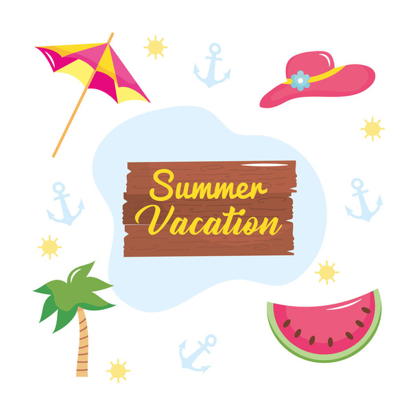 summer vacation travel, watermelon hat palm and umbrella poster - Vector, Image