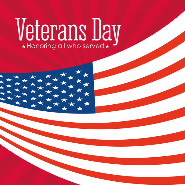 happy veterans day, american flag on red rays background - Vektor, kép