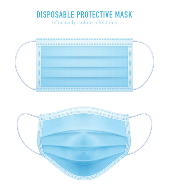 3d ρεαλιστική διάνυσμα μιας χρήσης προστατευτική μάσκα. Μπλε χειρουργική μάσκα προσώπου που απομονώνεται στο λευκό. Προστασία από τον ιό του κερατοειδούς, κατά της σκόνης, κατά των βακτηρίων. - Διάνυσμα, εικόνα