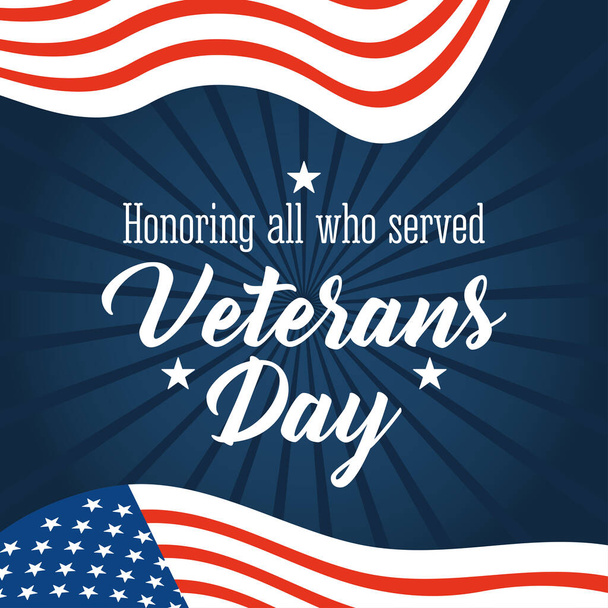 happy veterans day, handwritten font with american flags on blue rays background - Vector, Image