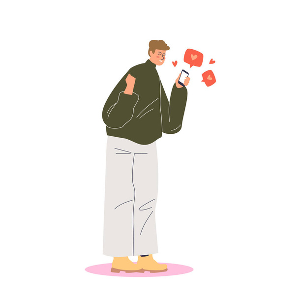 Happy man with smartphone getting likes and heart shapes from social media posts - Vector, Image