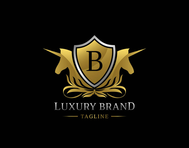 Logo królewskiego jednorożca z literą B. Elegancki projekt odznaki Gold Shield dla rodziny królewskiej, Pieczęć literacka, Boutique, Hotel, Heraldyczny, Biżuteria, Ślub. - Zdjęcie, obraz
