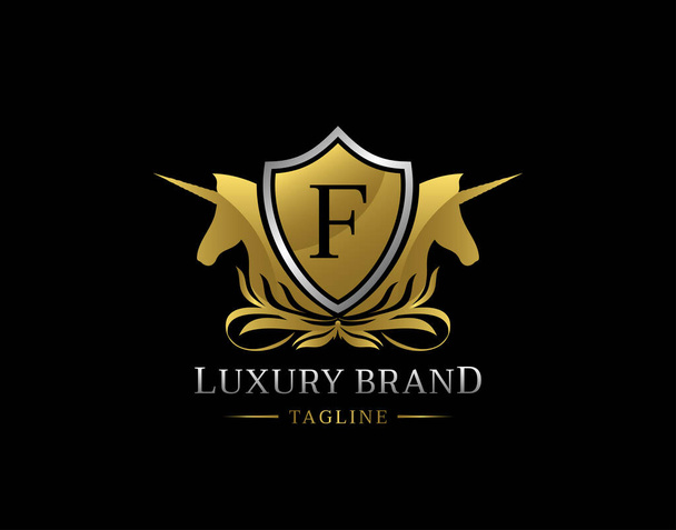 Logo dell'unicorno reale con lettera F. Elegante disegno distintivo Gold Shield per Royalty, Lettera Francobollo, Boutique, Hotel, Araldico, Gioielli, Matrimonio. - Foto, immagini