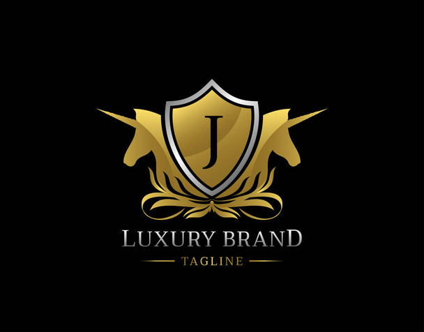 Logo królewskiego jednorożca z literą J. Elegancki projekt odznaki Gold Shield dla rodziny królewskiej, Pieczęć literacka, Boutique, Hotel, Heraldyczny, Biżuteria, Ślub. - Zdjęcie, obraz
