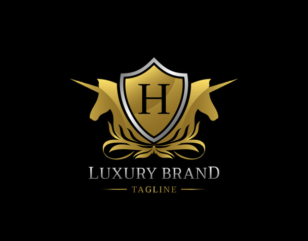 Logo royal licorne avec lettre H. Conception élégante d'insigne de bouclier d'or pour la royauté, timbre-lettre, boutique, hôtel, héraldique, bijoux, mariage. - Photo, image
