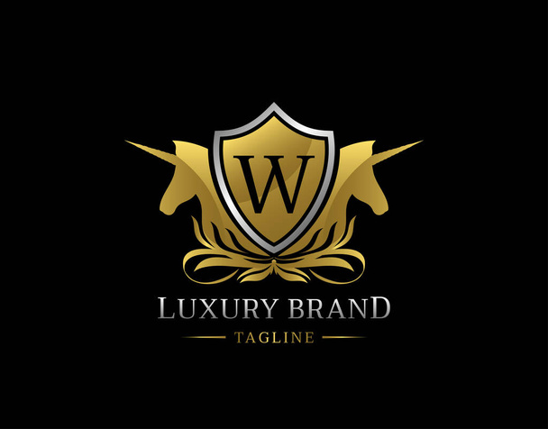 Logo dell'unicorno reale con lettera W. Elegante disegno distintivo Gold Shield per Royalty, Lettera Francobollo, Boutique, Hotel, Araldico, Gioielli, Matrimonio. - Foto, immagini