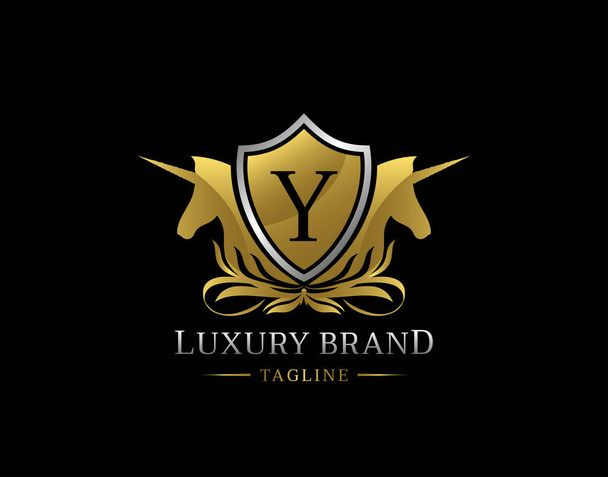Βασιλικό λογότυπο Μονόκερου με γράμμα Υ. Κομψό σήμα Gold Shield σχεδιασμό για Royalty, Γράμμα Σφραγίδα, Boutique, Ξενοδοχείο, Heraldic, Κοσμήματα, Γάμος. - Φωτογραφία, εικόνα