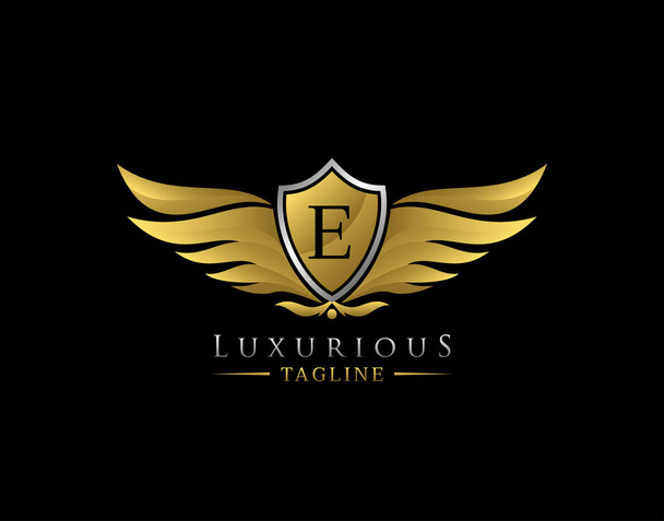 Luxus szárny logó E betűvel. Elegáns Gold Shield jelvény design Royalty, Levélbélyegző, Boutique, Hotel, Heraldic, Ékszerek, Autóipar. - Fotó, kép