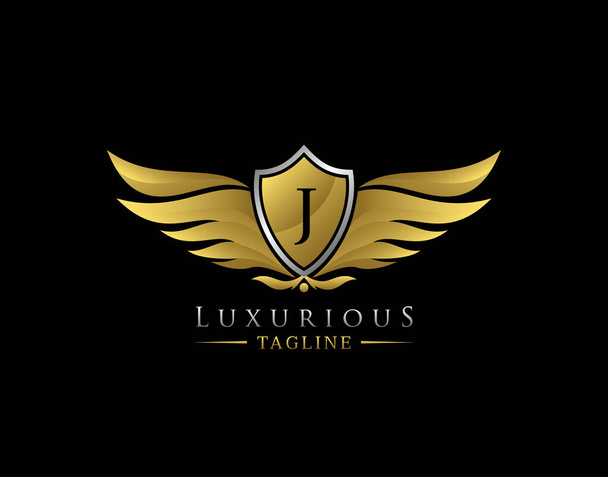 Logo des ailes de luxe avec lettre J. Conception élégante d'insigne de bouclier d'or pour la royauté, timbre-lettre, boutique, hôtel, héraldique, bijoux, automobile. - Photo, image