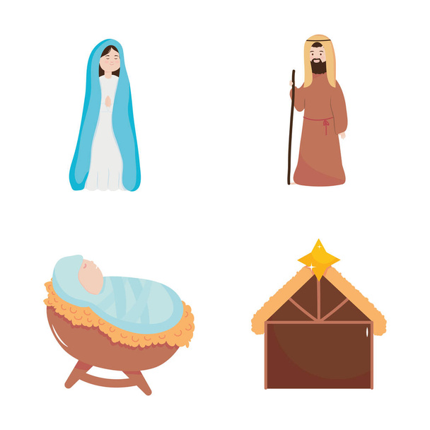 natividad, pesebre santa Mary Joseph bebé jesus y cabaña iconos - Vector, Imagen