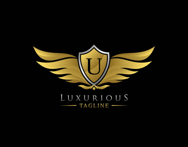 Logo des ailes de luxe avec lettre U. Conception élégante d'insigne de bouclier d'or pour la royauté, timbre-lettre, boutique, hôtel, héraldique, bijoux, automobile. - Photo, image