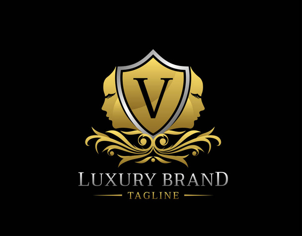 Royal Beauty Logo mit V-Buchstabe. Elegantes Goldabzeichen mit Schönheitsgesicht perfekt für Salon, Wellness, Kosmetik, Boutique, Schmuck. - Foto, Bild