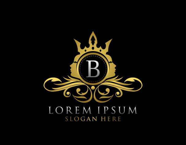 Królewskie Logo Piękności z literą B. Luksusowa Złota Odznaka Kwiatowa Z Piękną Kobiecą Twarzą Idealna do salonu, spa, kosmetyki, butiku, biżuterii. - Zdjęcie, obraz