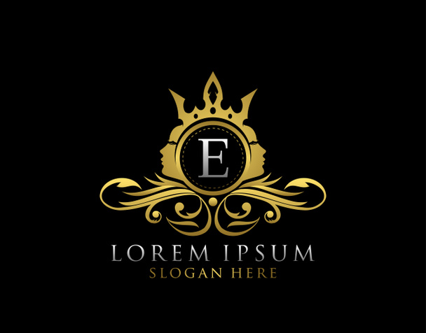 Βασιλικό λογότυπο ομορφιάς με το γράμμα Ε. Luxury Gold Floral Badge με ομορφιά γυναίκα σχήμα προσώπου ιδανικό για σαλόνι, spa, καλλυντικά, Boutique, Κοσμήματα. - Φωτογραφία, εικόνα