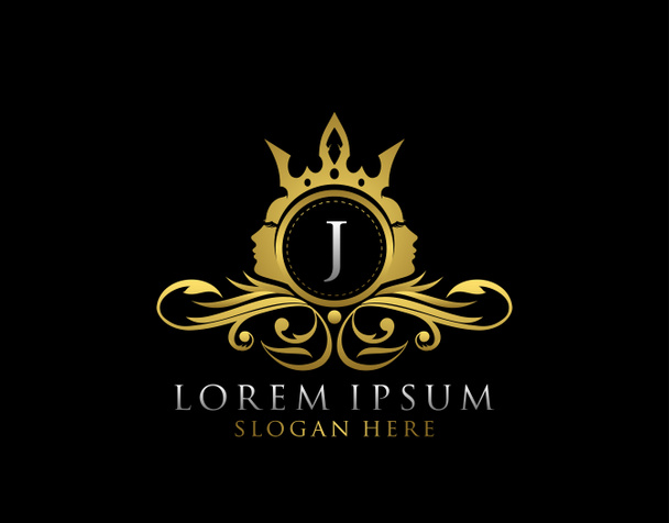 Logo Royal Beauty con lettera J. Luxury Gold Floral Badge With Beauty Donna Forma del viso perfetto per salone, spa, cosmetici, Boutique, Gioielli. - Foto, immagini