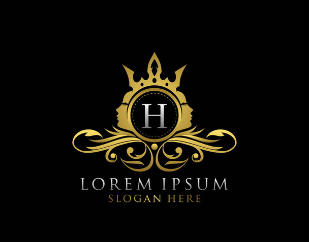Královské logo krásy s písmenem H. Luxusní zlatý květinový odznak s krásnou ženou tvář tvar ideální pro salon, lázně, kosmetické, butik, šperky. - Fotografie, Obrázek