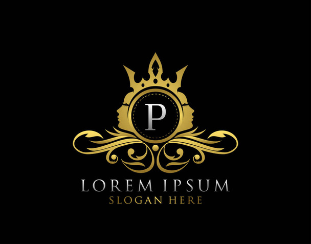 Logo Royal Beauty con lettera P. Luxury Gold Floral Badge With Beauty Donna Forma del viso perfetto per salone, spa, cosmetici, Boutique, Gioielli. - Foto, immagini