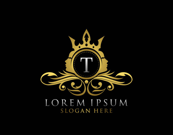 Logo Royal Beauty con lettera T. Luxury Gold Floral Badge With Beauty Donna Forma del viso perfetto per salone, spa, cosmetici, Boutique, Gioielli. - Foto, immagini