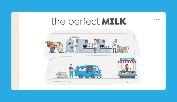 Characters Manufacturing Milk Production Landing Page Template. Zemědělský průmysl, Stage Process on Conveyor, mlékárna - Vektor, obrázek