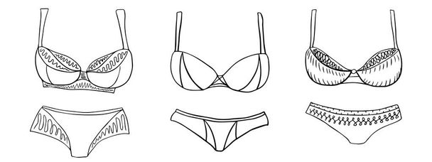 Set of female swimsuits. Outlines vector elements for design. Doodle style. - Vektor, obrázek