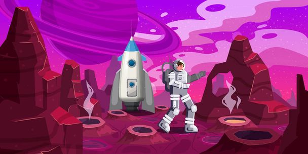 Astronaut exploring alien planet rocket. Cosmonaut scientific traveler character on a rocky surface in far galaxy. Cartoon flat style vector illustration banner - Vector, Image