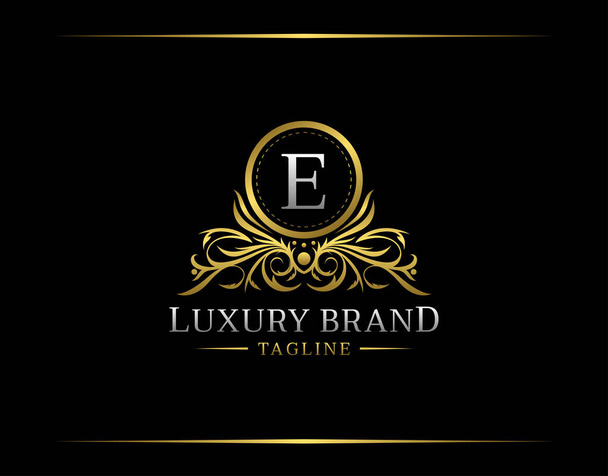 Logotipo boutique de lujo con letra E. Elegante insignia dorada con forma floral perfecta para salón, spa, cosmética, boutique, joyería. - Vector, imagen