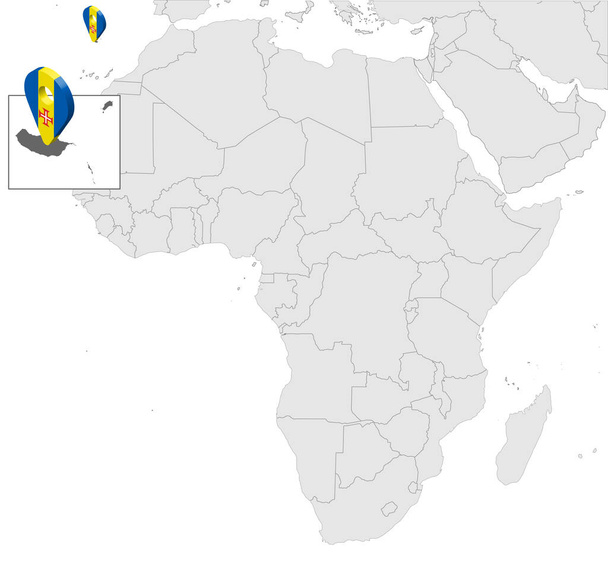 Elhelyezkedés Térkép Madeira térképen Afrika. 3d Madeira zászló térkép jelölő helye pin. Madeira autonóm régió. Afrikában. Portugália. EPS 10. - Vektor, kép