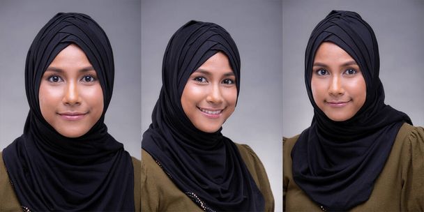 Moslim jonge vrouw in zwarte hijab groene kleren kijken naar de camera, ze glimlacht en blij met grote ogen. Grijze achtergrond geïsoleerd, drie collage - Foto, afbeelding