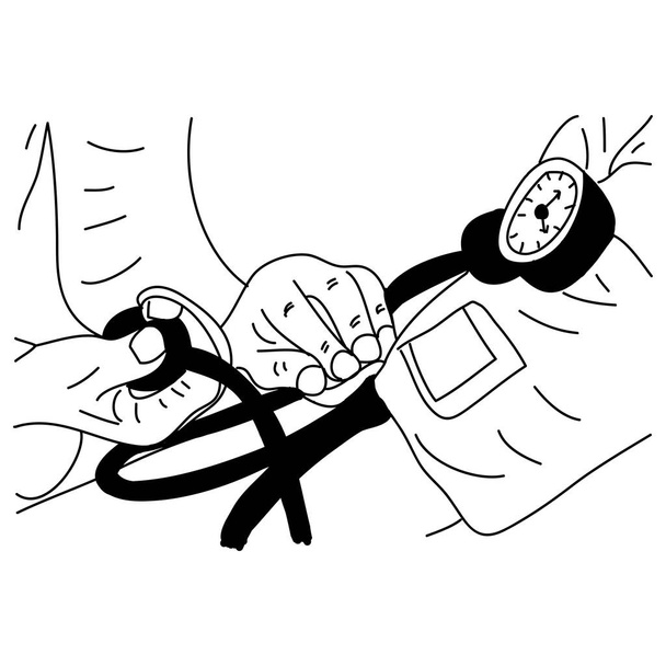 患者の動脈血圧をチェックする医師.健康管理。手描き - ベクター画像