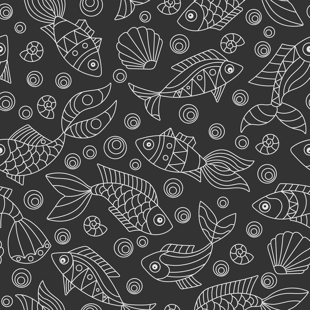 Patrón sin costuras en un tema marino con peces y conchas, peces de contorno claro sobre un fondo oscuro - Vector, imagen