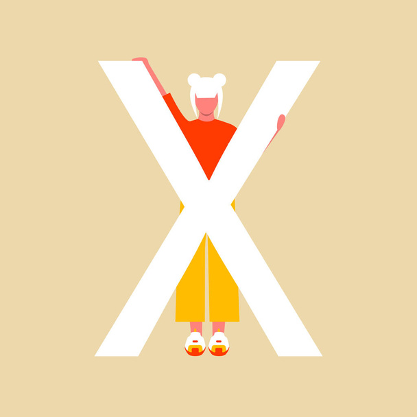 Una ragazza sta dietro un grande la lettera X. Un personaggio del cartone animato piatto con una lettera maiuscola. Illustrazione vettoriale. Eps 10 - Vettoriali, immagini