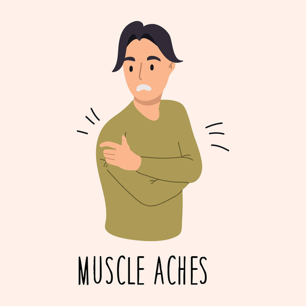 Dolori muscolari 2019-nCoV covid-19 sintomi. Giovane malato. Illustrazione disegnata a mano vettoriale.  - Vettoriali, immagini