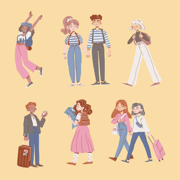 Tourists, travelers pulling suitcases walked to the destination. - Vector, Image