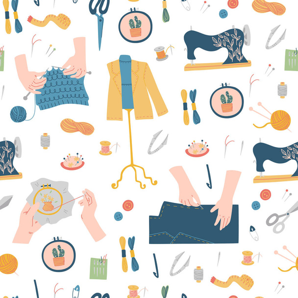Pattern with Knitting and Sewing Tools. Vector Doodle Elements.  - Vektör, Görsel