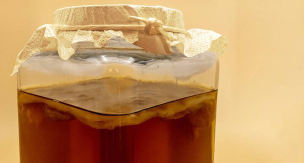 Черный чайный комбуча в стеклянном контейнере. Видна грибная культура Скоби - Фото, изображение