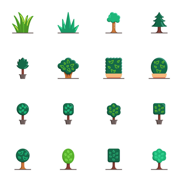 Collezione di piante e alberi, set di icone piatte - Vettoriali, immagini